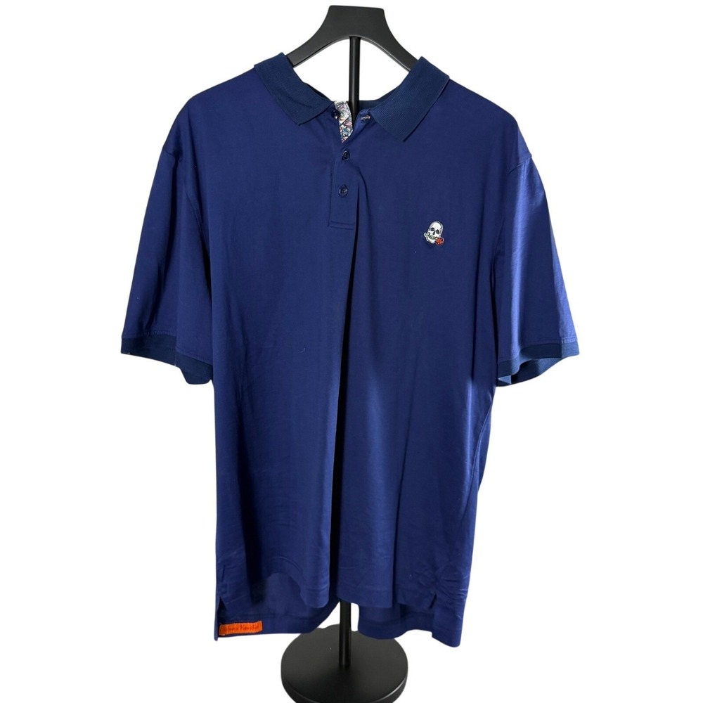 Robert Graham Mens 2XL Blue Skull Rose Polo Shirt Classic Fit Paisley Trim Short